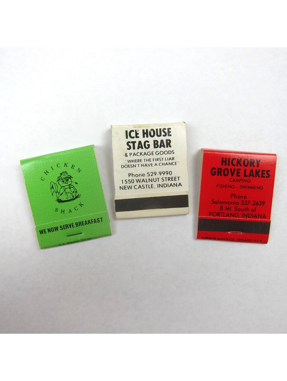 3 Matchbooks Indiana Chicken Shack, Ice House Stag Bar, Hickory Grove Lakes